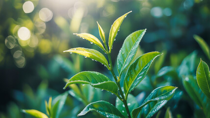 A close-up nature photograph of fresh green tea leaves in sharp focus against a soft, blurred background .
