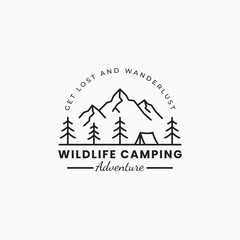 Minimalist line art logo vector for a wildlife camping adventure. Simple outdoor travel and camping gear label design.