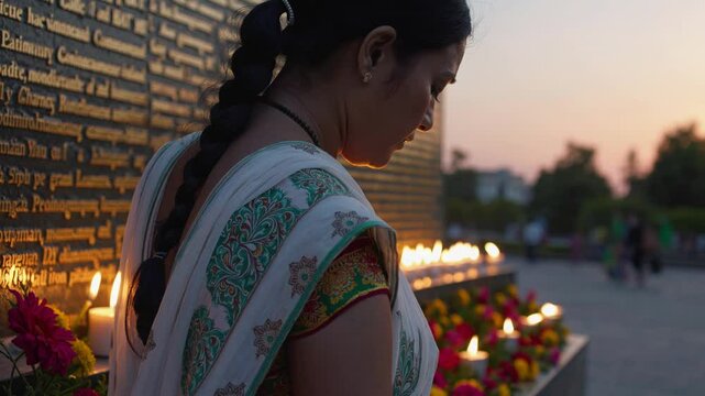 Woman mourning at sunset memorial