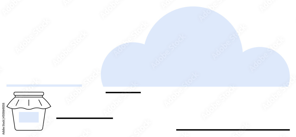 Poster jar with lid and large cloud shape represent data storage and digital access. ideal for technology, 