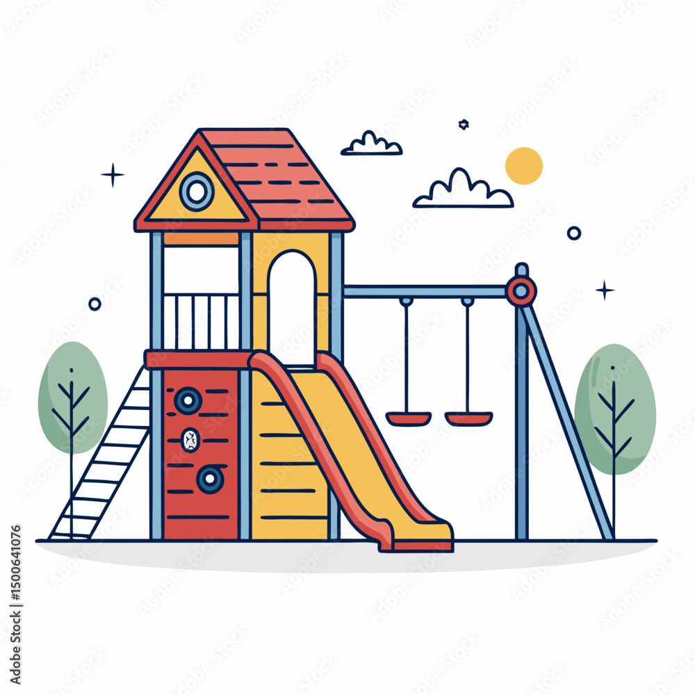 Poster create a bold, vector illustration of a children's playground featuring a slide and swing set. use t
