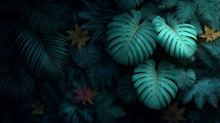 Fototapeta premium Lush foliage creates tropical jungle art profile