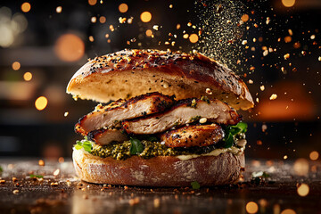 Chicken pesto sandwich broken open in air with grilled chicken strips, pesto droplets spiraling, mozzarella slices twirling, and ciabatta bread flipping, creating a dynamic food scene