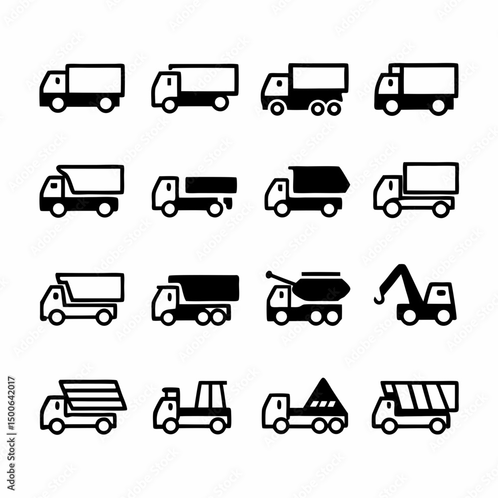 Poster create a vector icon pack of bold-stroke trucks; various types including delivery, pickup, and semi-
