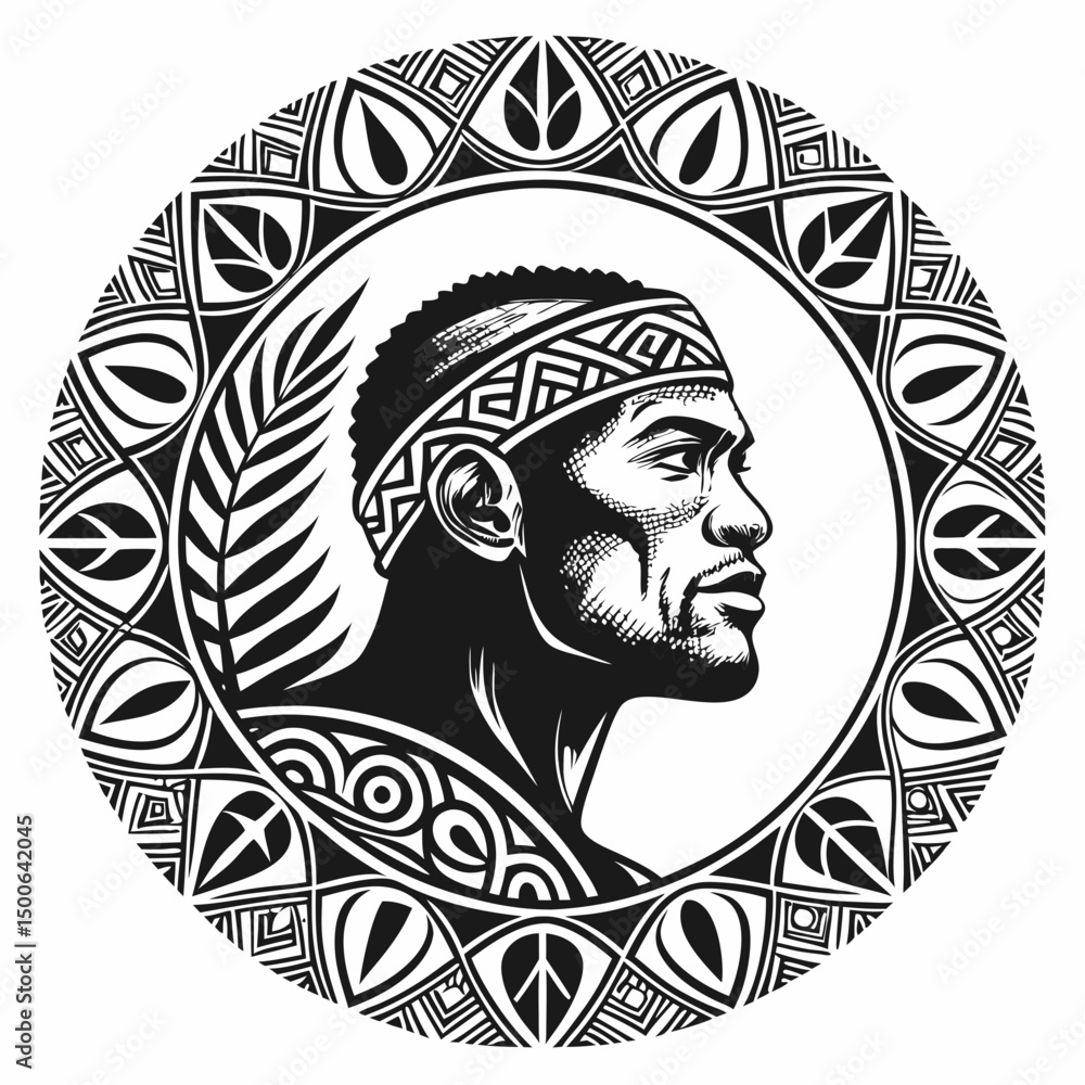 Poster design a bold, tribal-style tattoo vector graphic featuring intricate patterns and thick, black stro
