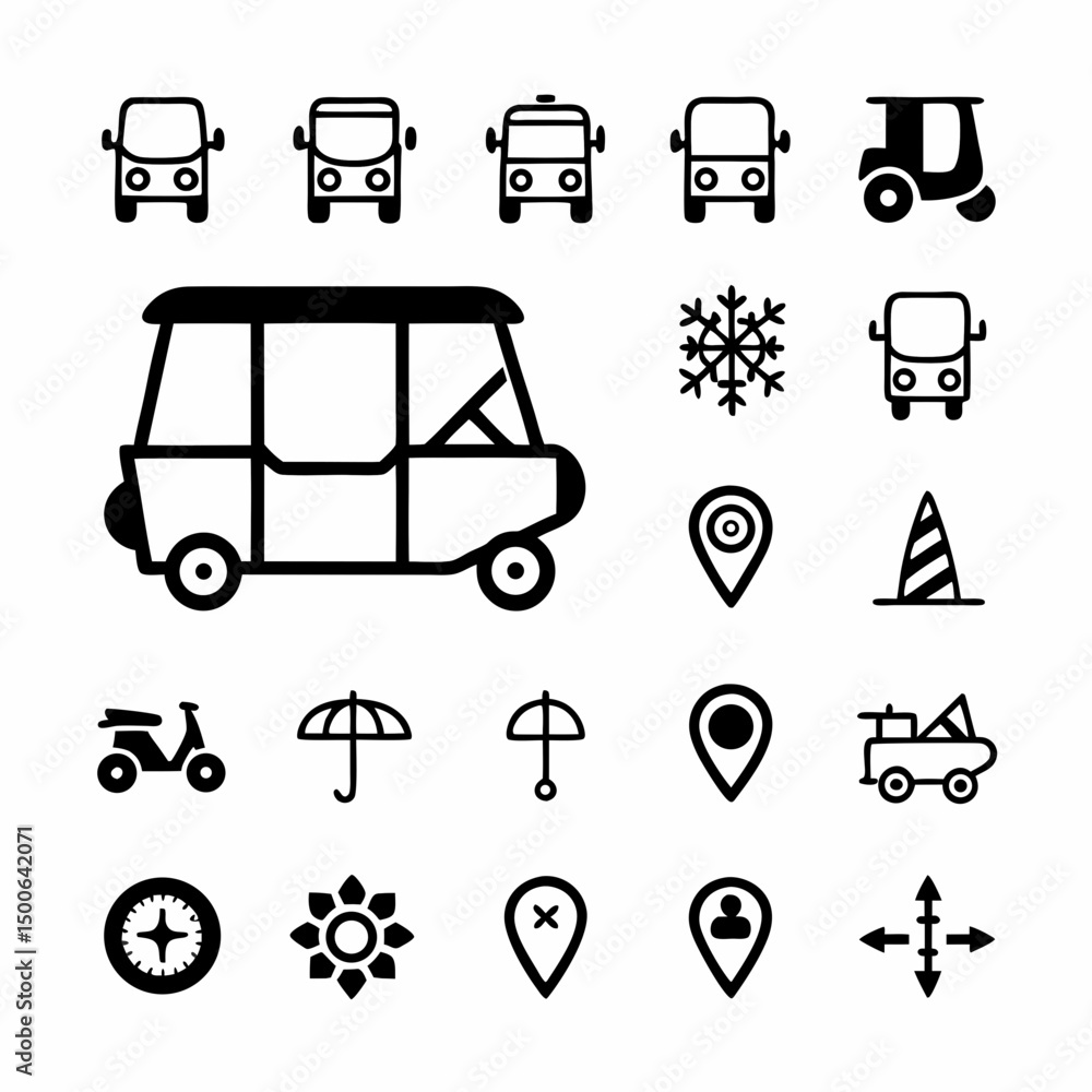 Poster create a bold vector illustration of a vibrant, three-wheeled auto rickshaw (tuk-tuk), emphasizing s