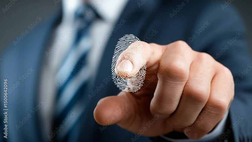 Aufkleber fingerprint authentication: a close-up shot of a man's hand pointing towards a digitally rendered fi