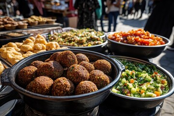 Obraz premium Colorful Street Food Display with Various Dishes and Ingredients