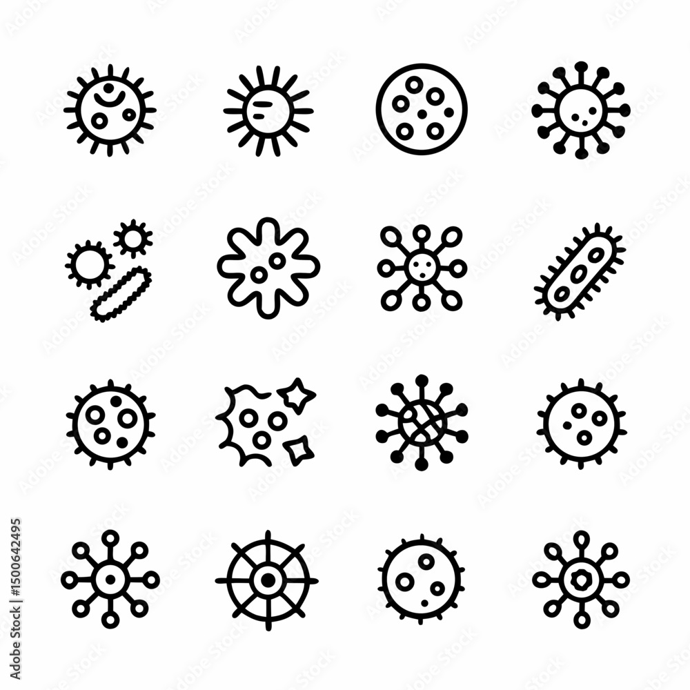 Aufkleber create a bold, vector illustration of a virus and bacteria with thick, black strokes, emphasizing th