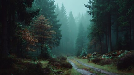 Misty autumn forest path with colorful foliage