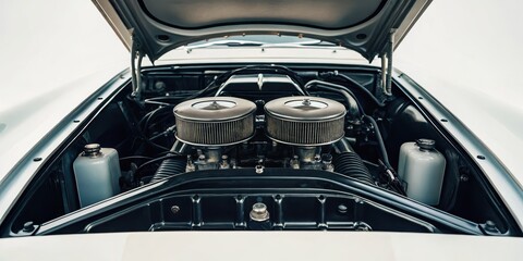 Obraz premium Classic car engine with dual carburetors showcased under the hood.