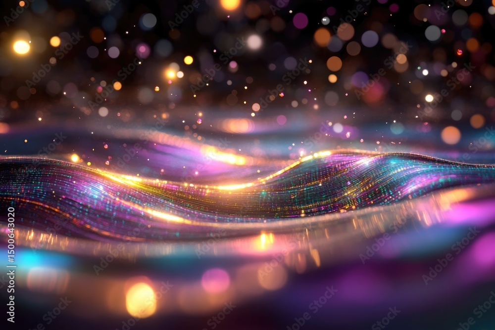 Poster colorful particles flowing and forming abstract waves with bokeh effect