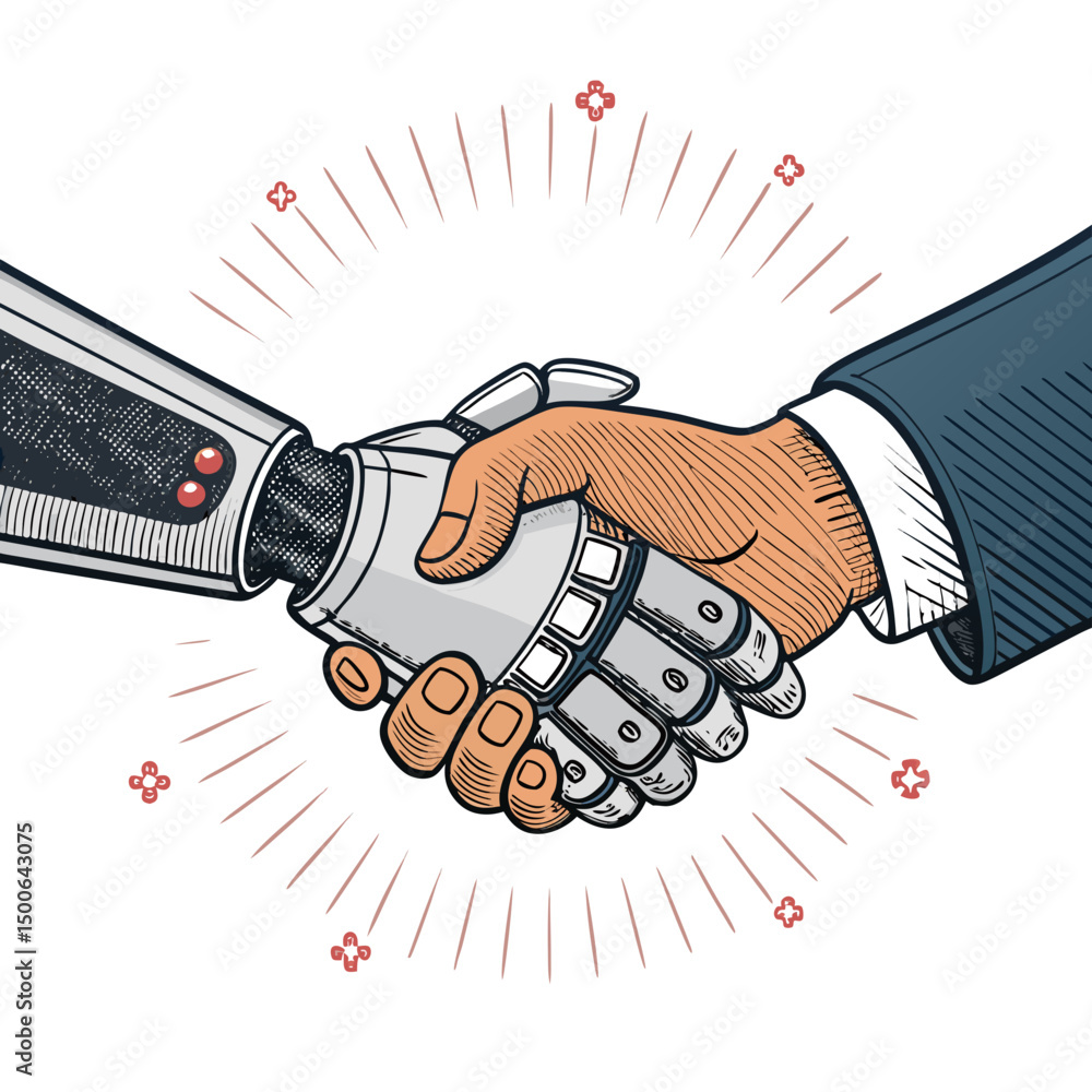 Poster create a vector illustration of a bold-stroked robot hand shaking a human hand. focus on strong cont