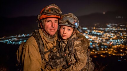 Fototapeta premium Firefighter parent and child nighttime support portrait