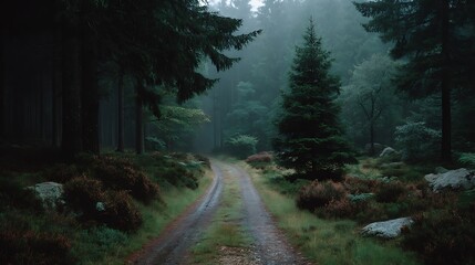 Misty forest path winding through the evergreens