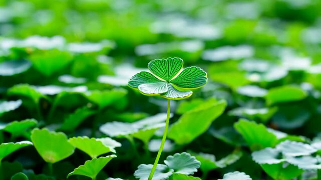 Vibrant four leaf clover standing tall in field of green leaves, symbol of luck and charm with whimsical feel
