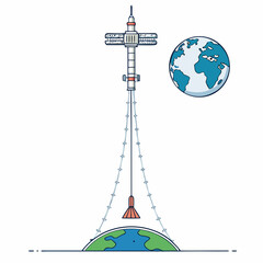 Design a bold, vector illustration of a futuristic space elevator extending from Earth to geostationary orbit, showcasing strong lines and metallic texture.