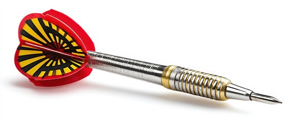 Colorful dart with vibrant flights on white background.