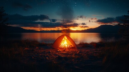 Lakeside tent aglow, campfire ablaze beneath starry skies at dusk