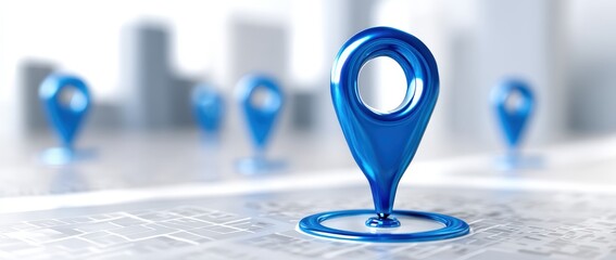 Abstract blue map pin on a blurred urban background.