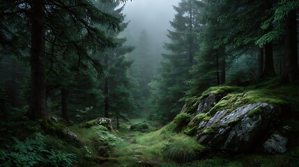 Obraz premium Misty morning light filters through green forest.