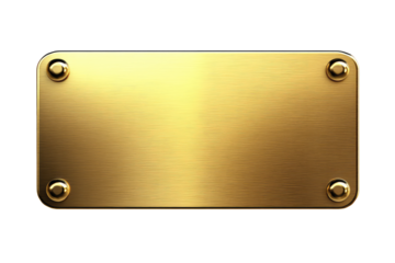 A brushed gold metal plate with four rivets in each corner on a black background for text overlay use