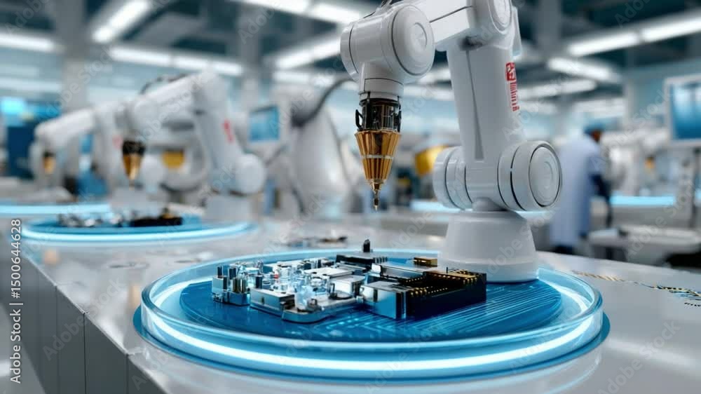 Aufkleber automated precision: robotic arms perform intricate tasks on a circuit board in a futuristic high-te