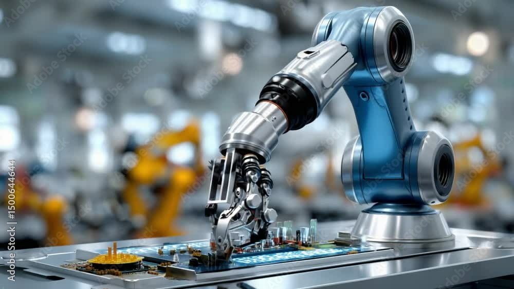 Poster robotic precision: a state-of-the-art robotic arm meticulously handles electronic components, showca