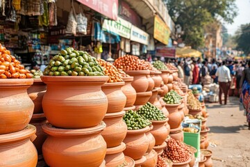 Fototapeta premium Colorful Traditional Market with Fresh Vegetables and Fruits