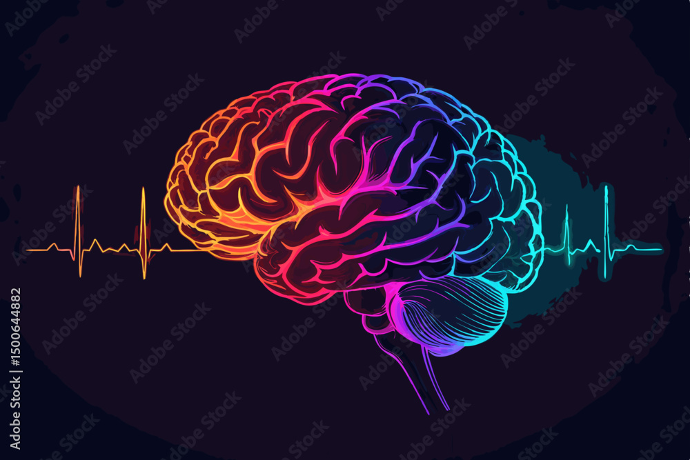 Aufkleber create a vibrant vector illustration of a digital brain scan, featuring a bold color gradient. empha