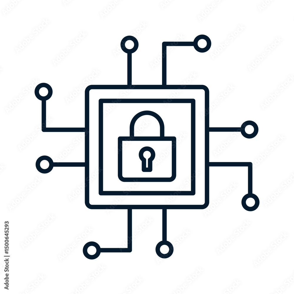 Aufkleber lock, microcircuit. cyber ​​security concept. vector linear icon isolated on white background.