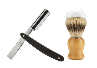 Barber's Straight Razor and Shaving Brush with Lather on Isolated White Background