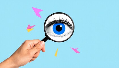 A hand holds a magnifying glass with big eye in it, place for text. Modern photo collage style. Vector illustration