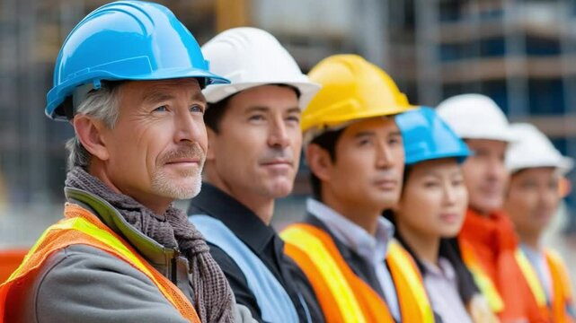 Construction Crew Portrait: A diverse team of construction workers stand shoulder-to-shoulder, wearing hard hats and safety vests, showcasing teamwork and professionalism in the construction industry. - Powered by Adobe