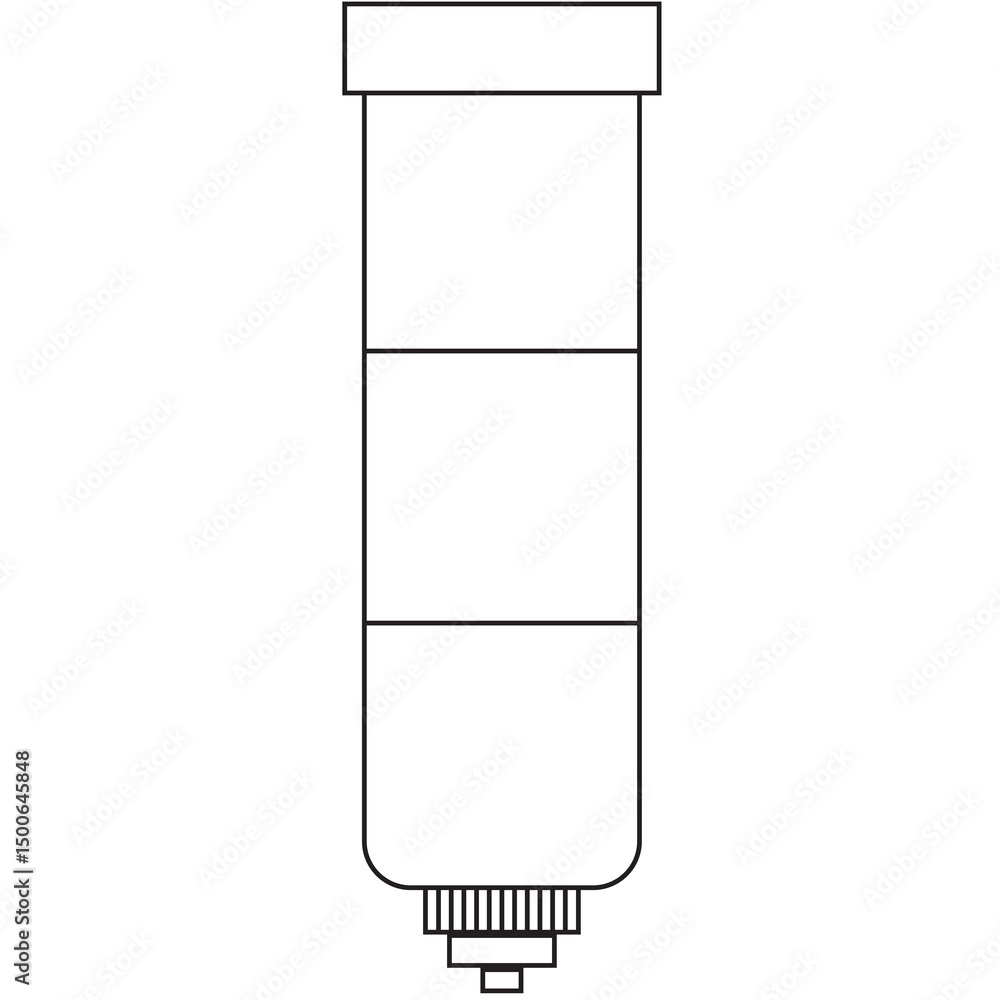 Poster black line squeezable tube container is floating on transparent backdrop showing ribbed screw cap