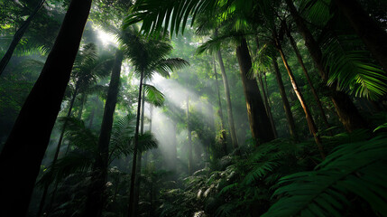 Lush tropical rainforest with sunlight streaming through tall palm trees and dense green foliage.
