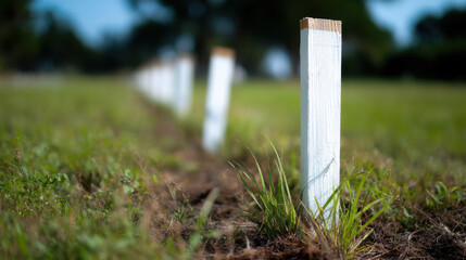 Row of white property line markers grassy field with clear sky background, used for fence