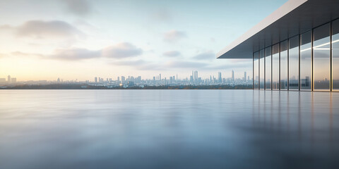 Concrete floor or slab, empty space or area at outdoor. Include modern building exterior of showroom, shop or store. Background design with sky, urban city for display auto car, automobile, automotive