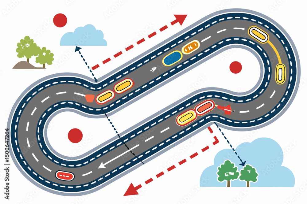Poster create a vector illustration of a japanese drift racing track map with bold, clean lines. include ha
