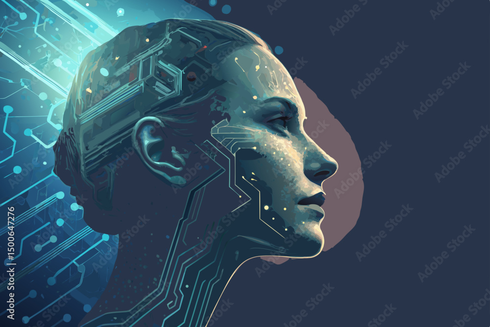 Poster vector art depicting a human face seamlessly merging with intricate ai circuitry, showcasing a futur