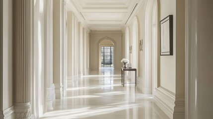 A sun-drenched hallway with elegant pillars and archways.