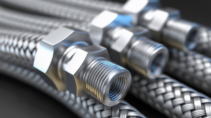 Close-up of braided stainless steel hoses connected to metal fittings in an industrial setting.
