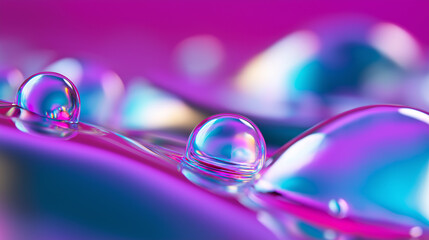 Close-up of iridescent droplets on a vibrant pink and blue surface with a dreamy, abstract glow.
