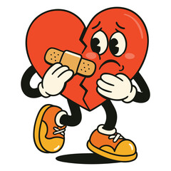 Broken Heart Character Holding Bandage with Sad Expression