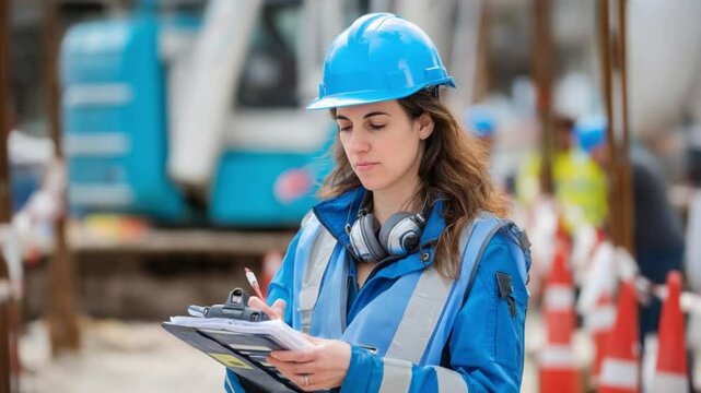 Diligent Overseer: A focused construction worker in a blue hard hat meticulously reviews documents at a bustling construction site, embodying professionalism and attention to detail.