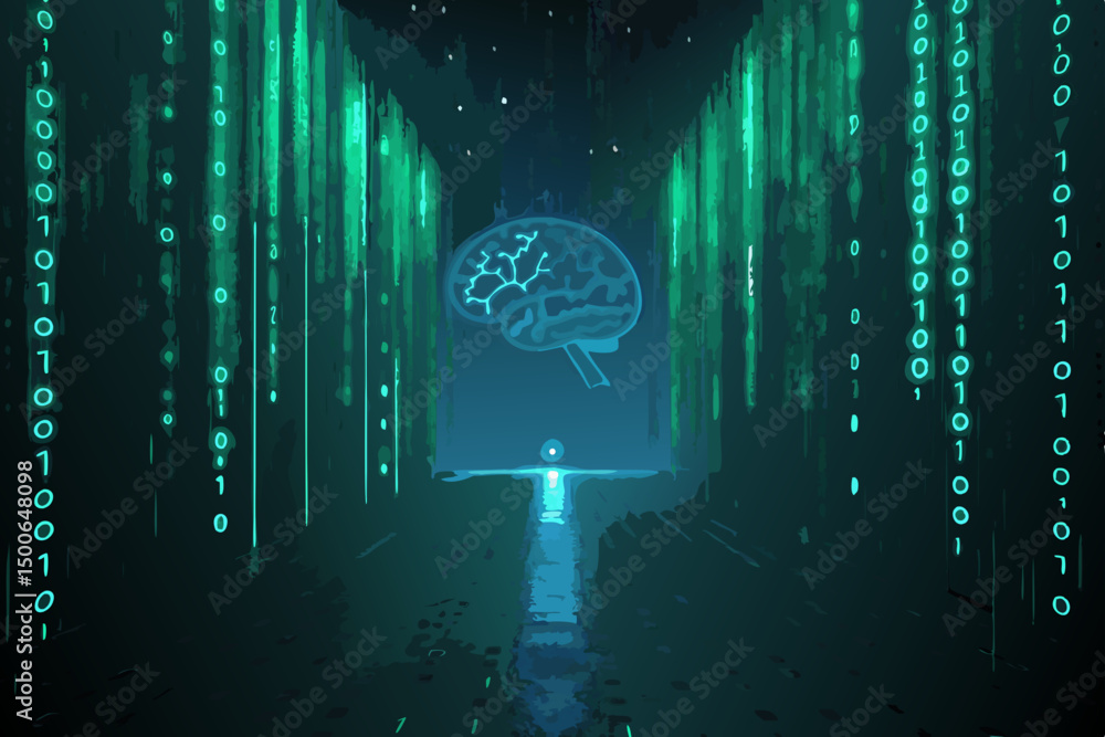 Poster generate a vibrant, matrix-style image of glowing green data streams falling against a dark abstract