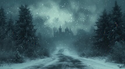 Obraz premium Snowy path leads to a distant castle amid a blizzard and dense, dark forest