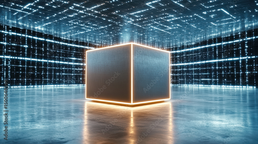 Poster glowing cube futuristic digital environment with illuminated walls and reflective floor creates