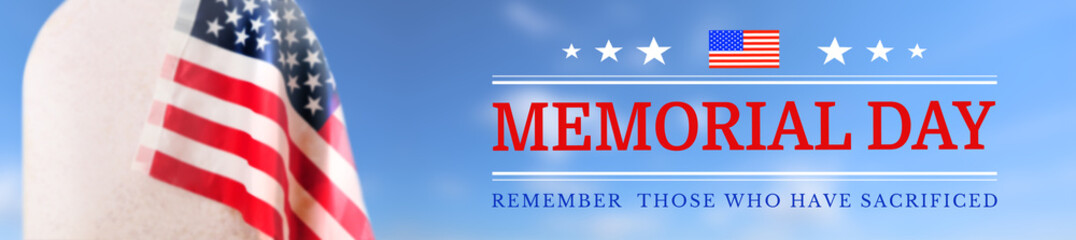Fototapeta premium Blurred view of the cemetery and US flag on the lawn. Memorial Day background. 3d illustration