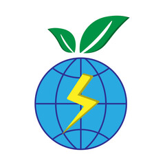 Globe with leaf and lightning bolt symbolizing eco-friendly, sustainable global energy solutions.